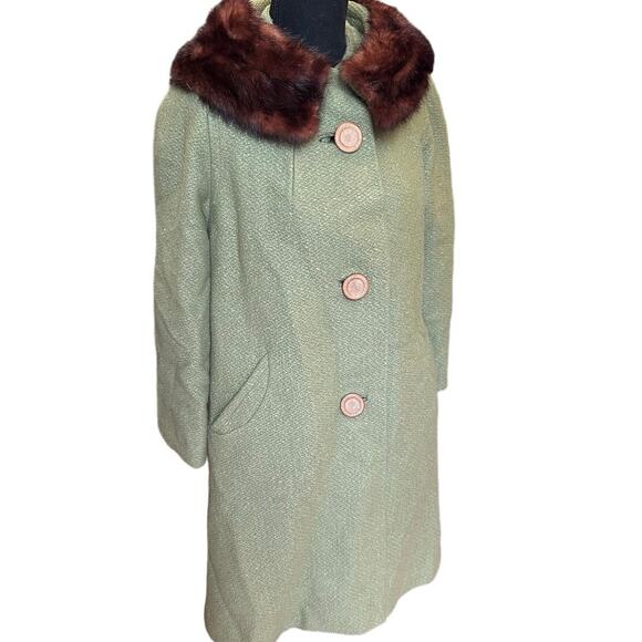 Rare Vintage 1950s - 60s  Bettyjean Green Swing Coat Real Fur Collar SZ. 8 MCM - Picture 1 of 16